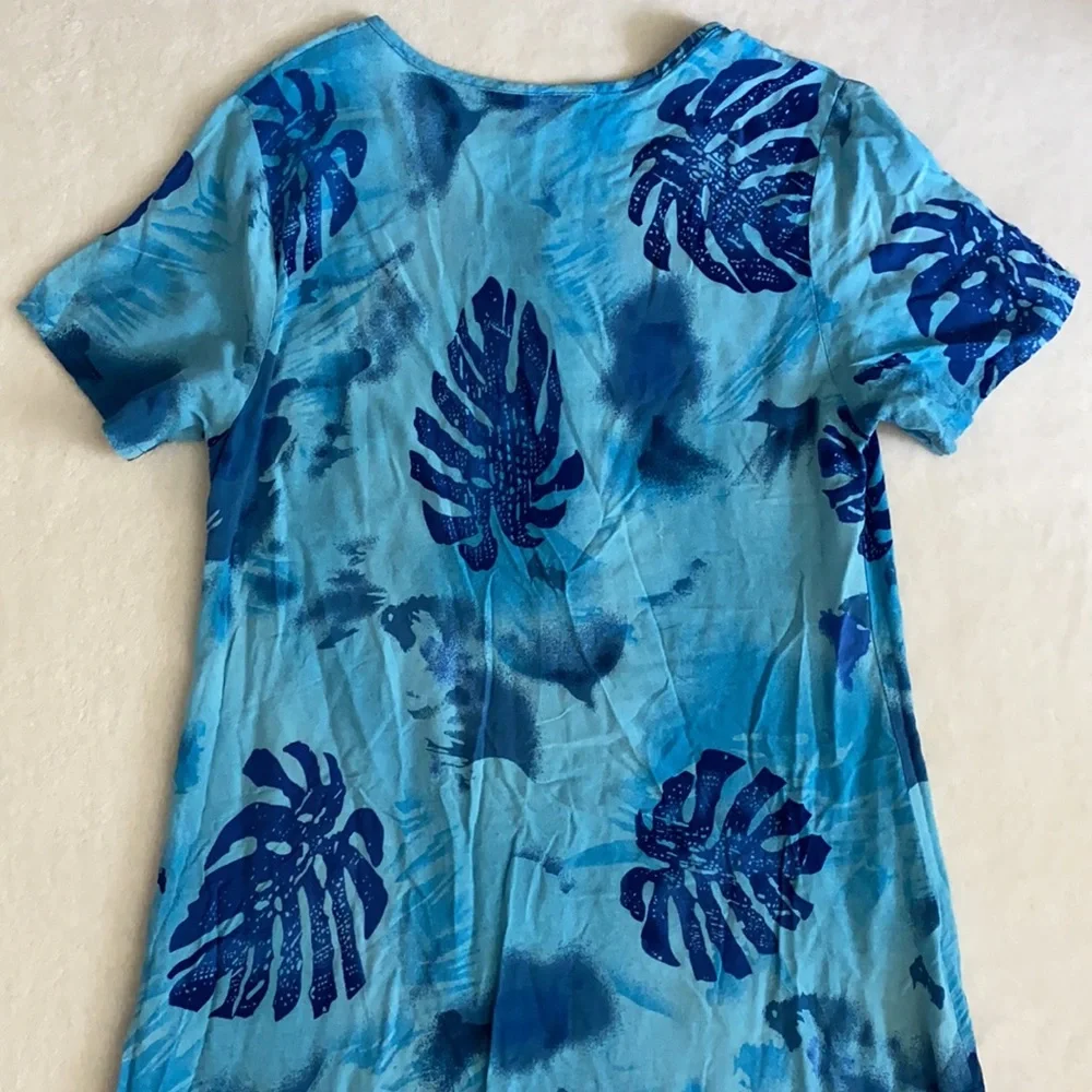 {VTG} Desert Shores | Tropical Palm Tree Leaf Print Short Sleeve Midi Dress Blue - Picture 10 of 15
